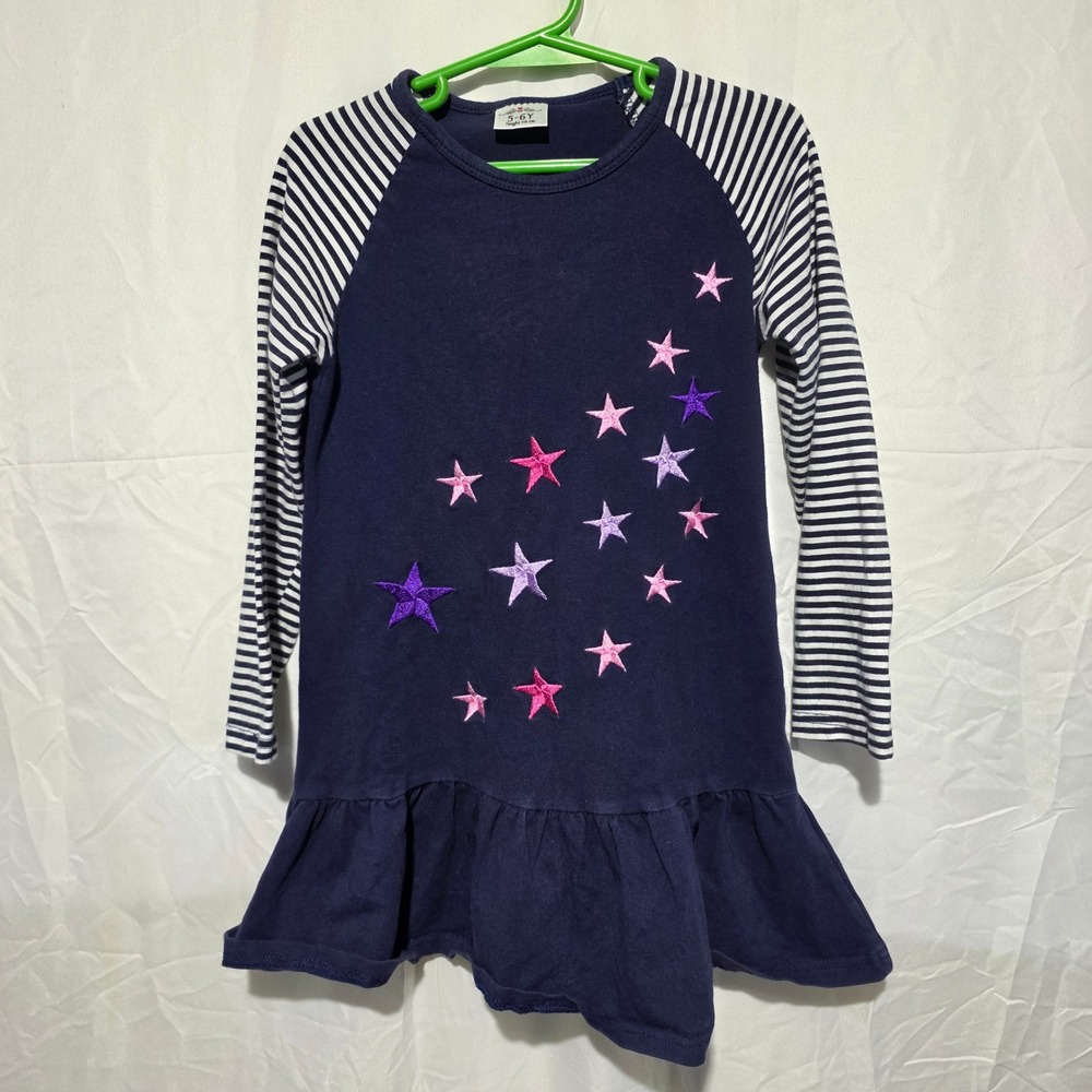 Navy Blue Star Embroidered Striped Raglan Sleeve Ruffle Hem Dress Size 5-6Y